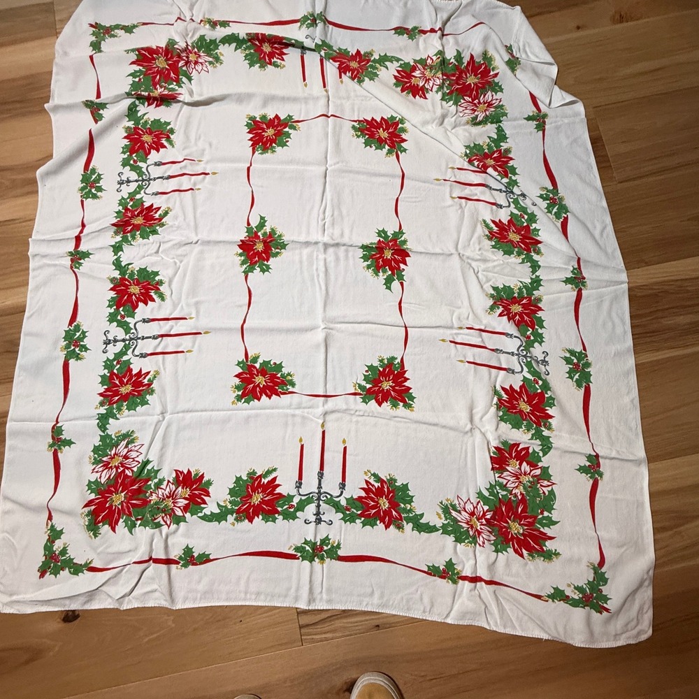 Vintage Christmas Tablecloth 54x48 White Red Poinsettia Candelabra 1950s Retro
